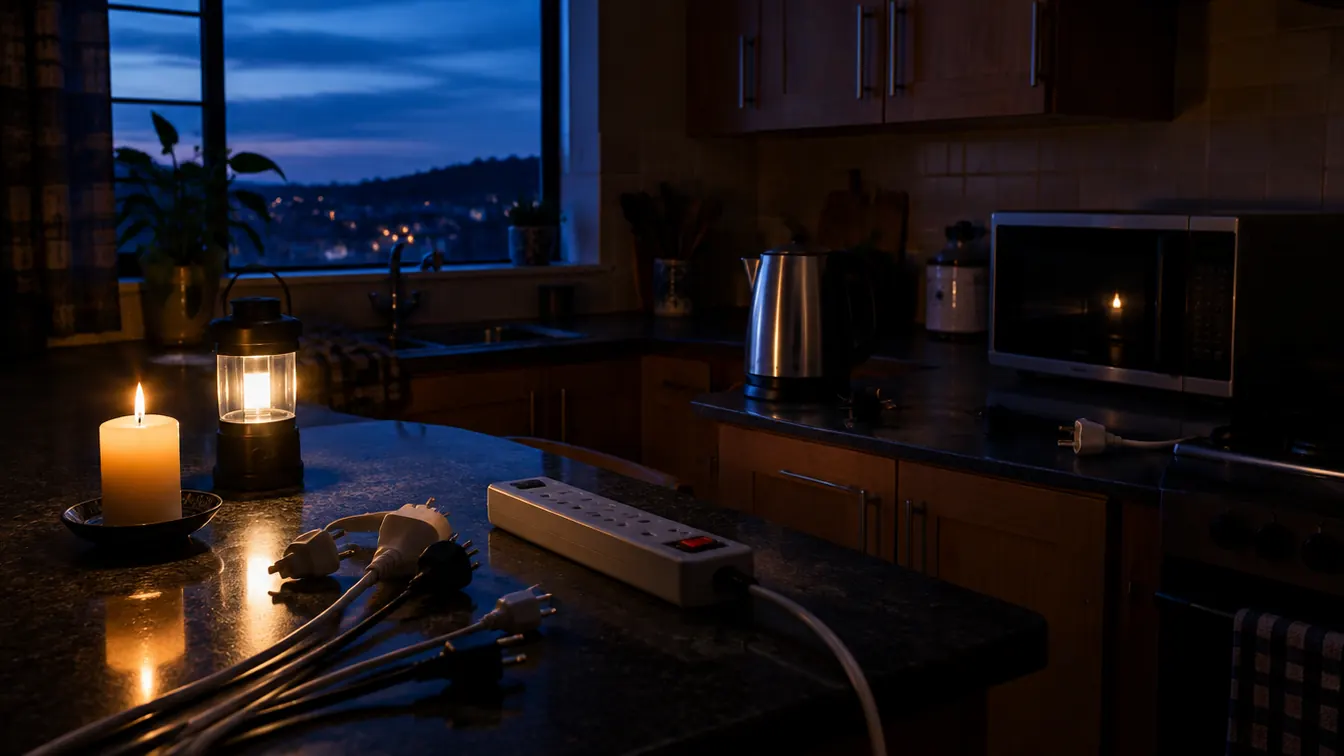 A dim kitchen during a power cut, lit by a candle and lantern, with a multi-plug unplugged on the counter