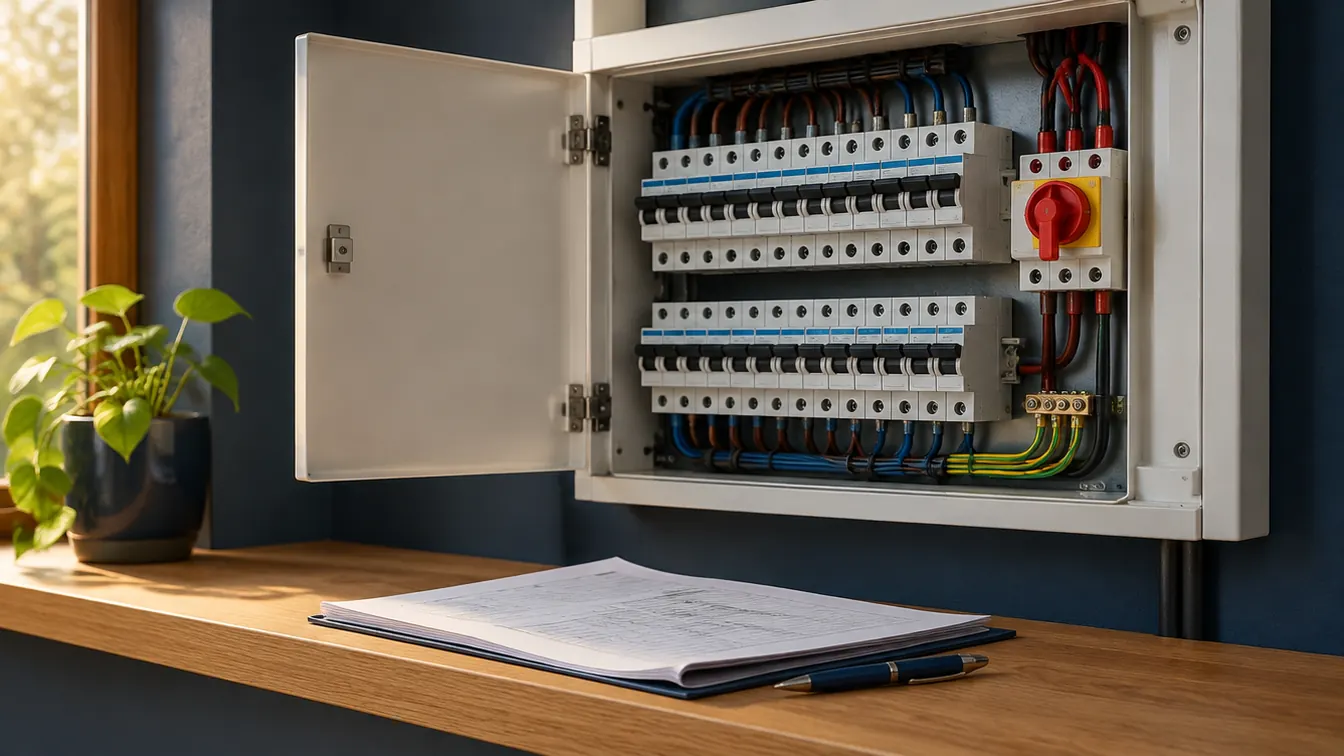 An open household distribution board with a solar isolator and compliance documents on a shelf below