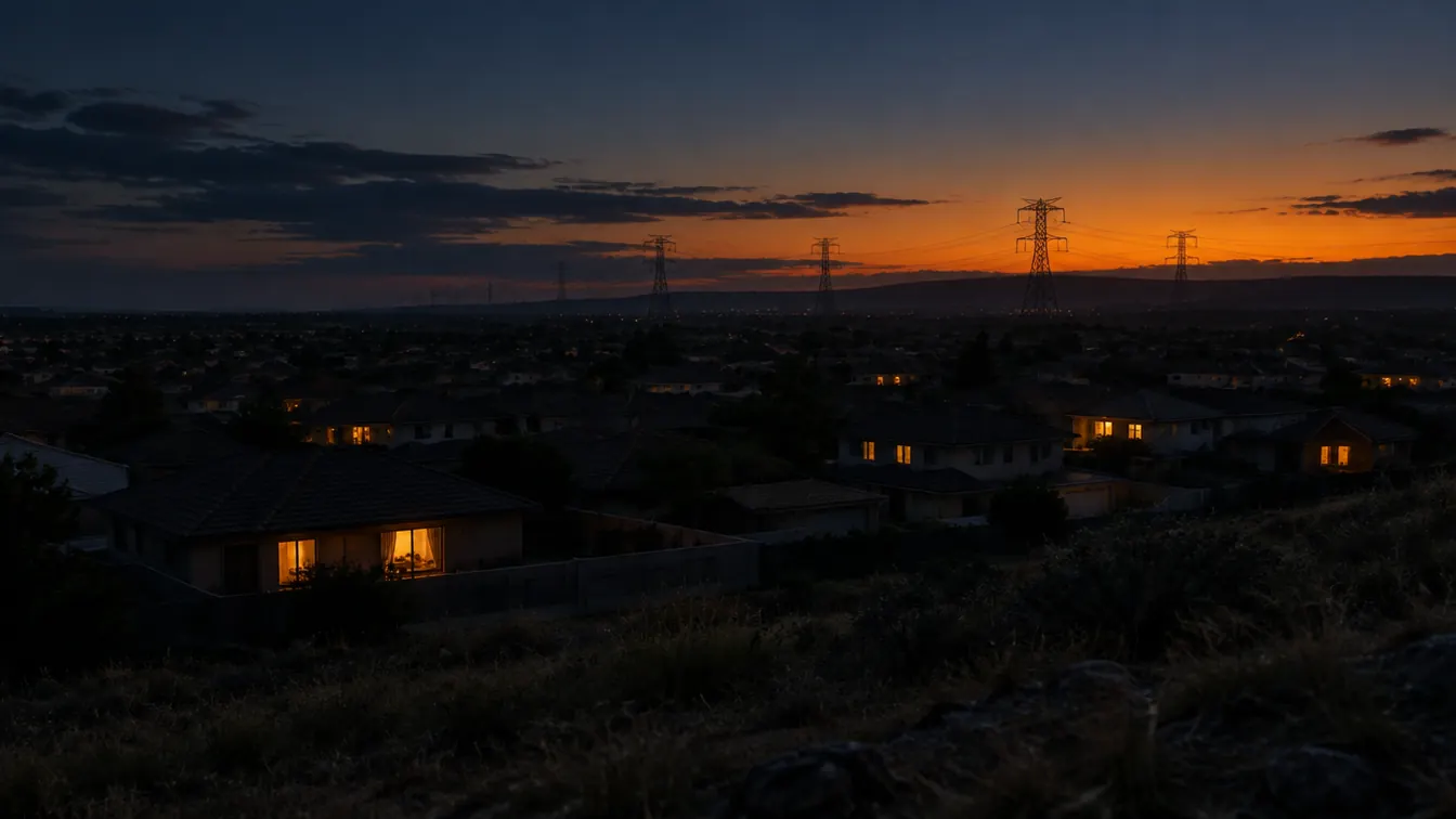 A dark suburb at dusk during load-shedding, with a few lit windows and pylons against an amber sky