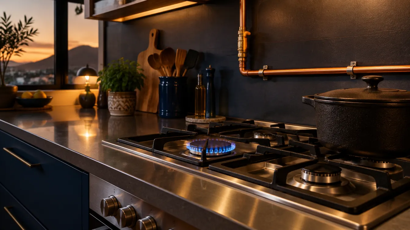 A stainless steel gas hob with a blue flame in a modern kitchen