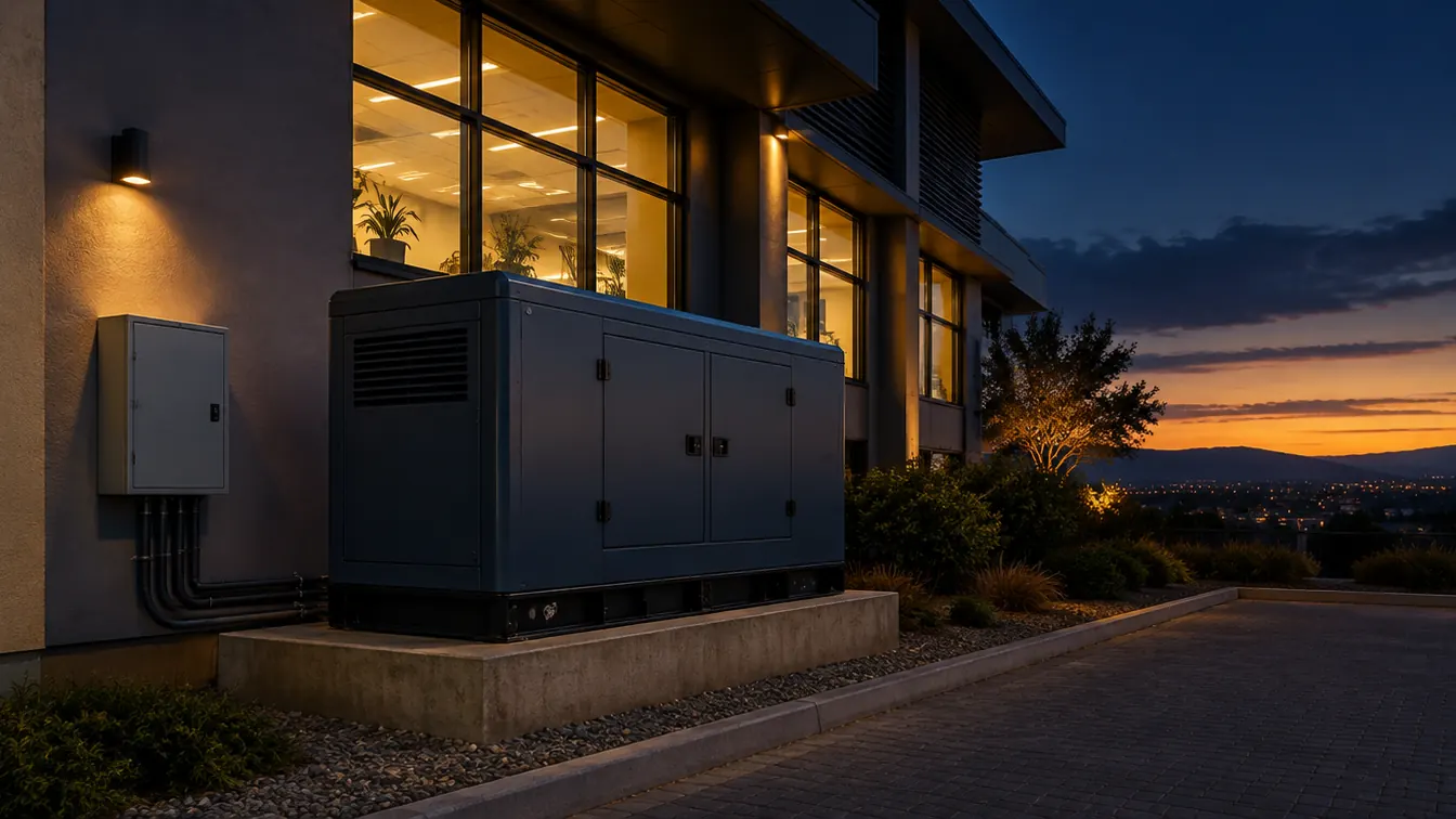 A canopy standby generator on a concrete plinth beside a commercial building at dusk