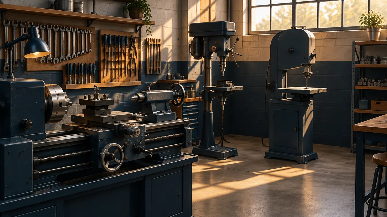 A small engineering workshop with a metal lathe, drill press and band saw