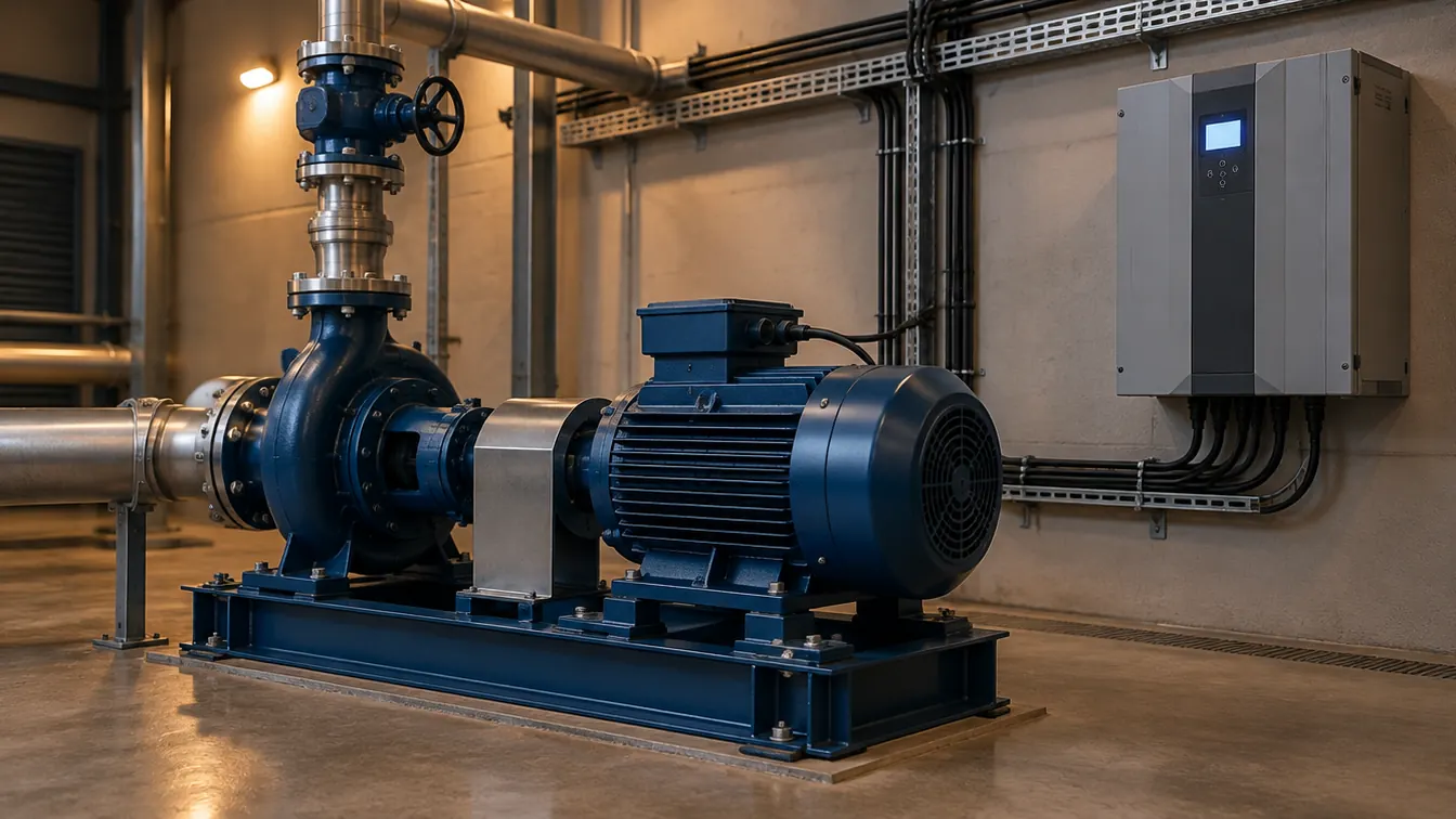 An electric motor and water pump in a pump room with a wall-mounted drive enclosure