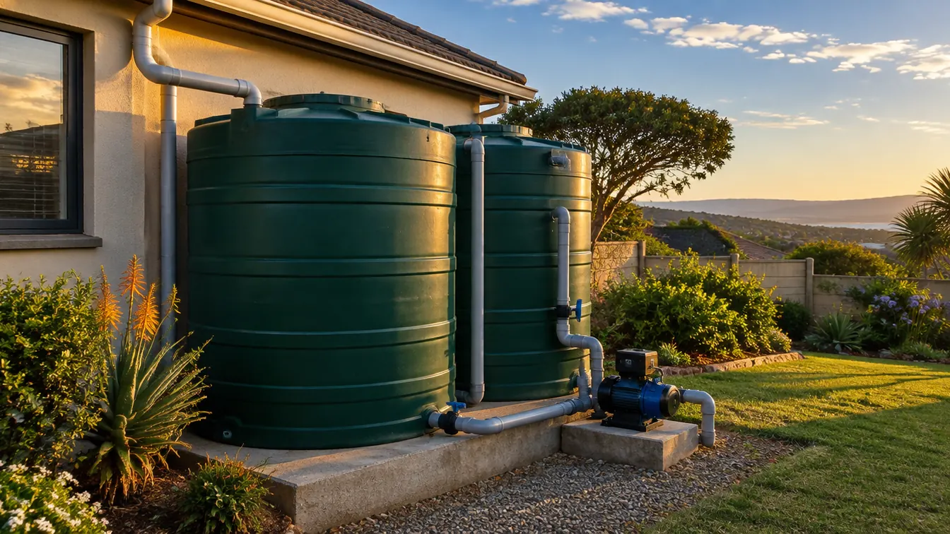 Two green water storage tanks beside a house, piped to a small booster pump