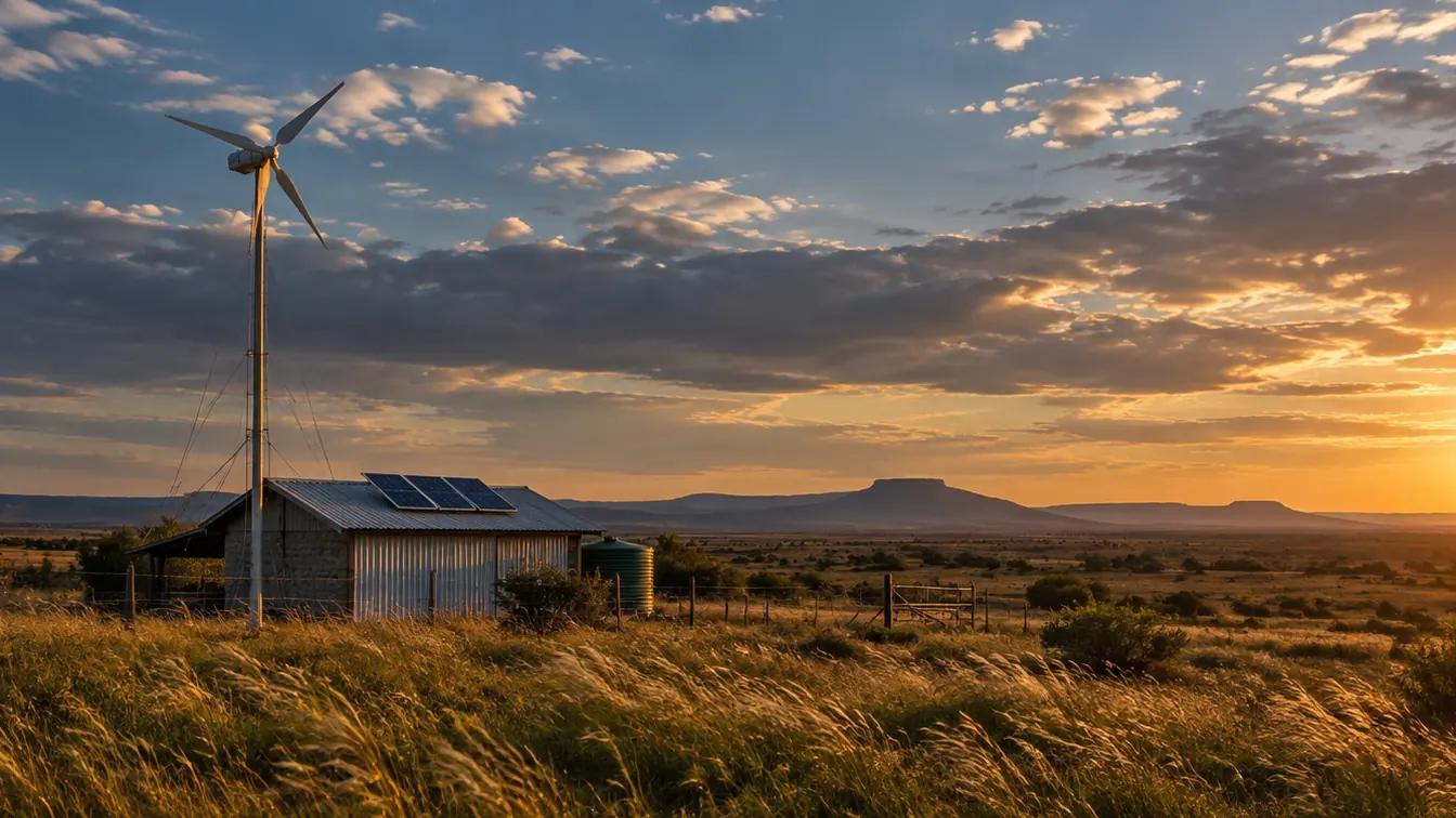 A small wind turbine beside a farm shed with solar panels in open grassland